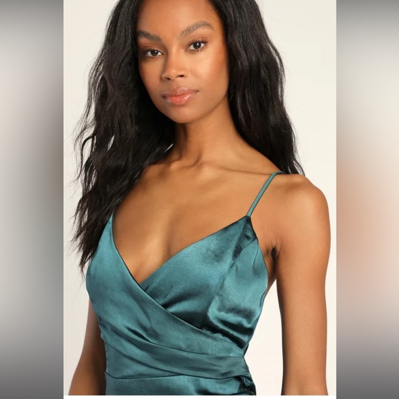 Hot Night Out Teal Green Satin Surplice Faux-Wrap Dress - Picture 4 of 6